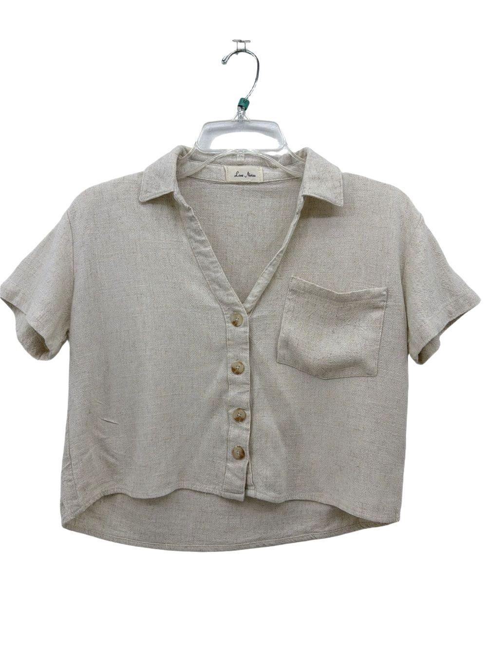 Love Notes Neutral Beige Short Sleeve Button-Down linen blend Shirt